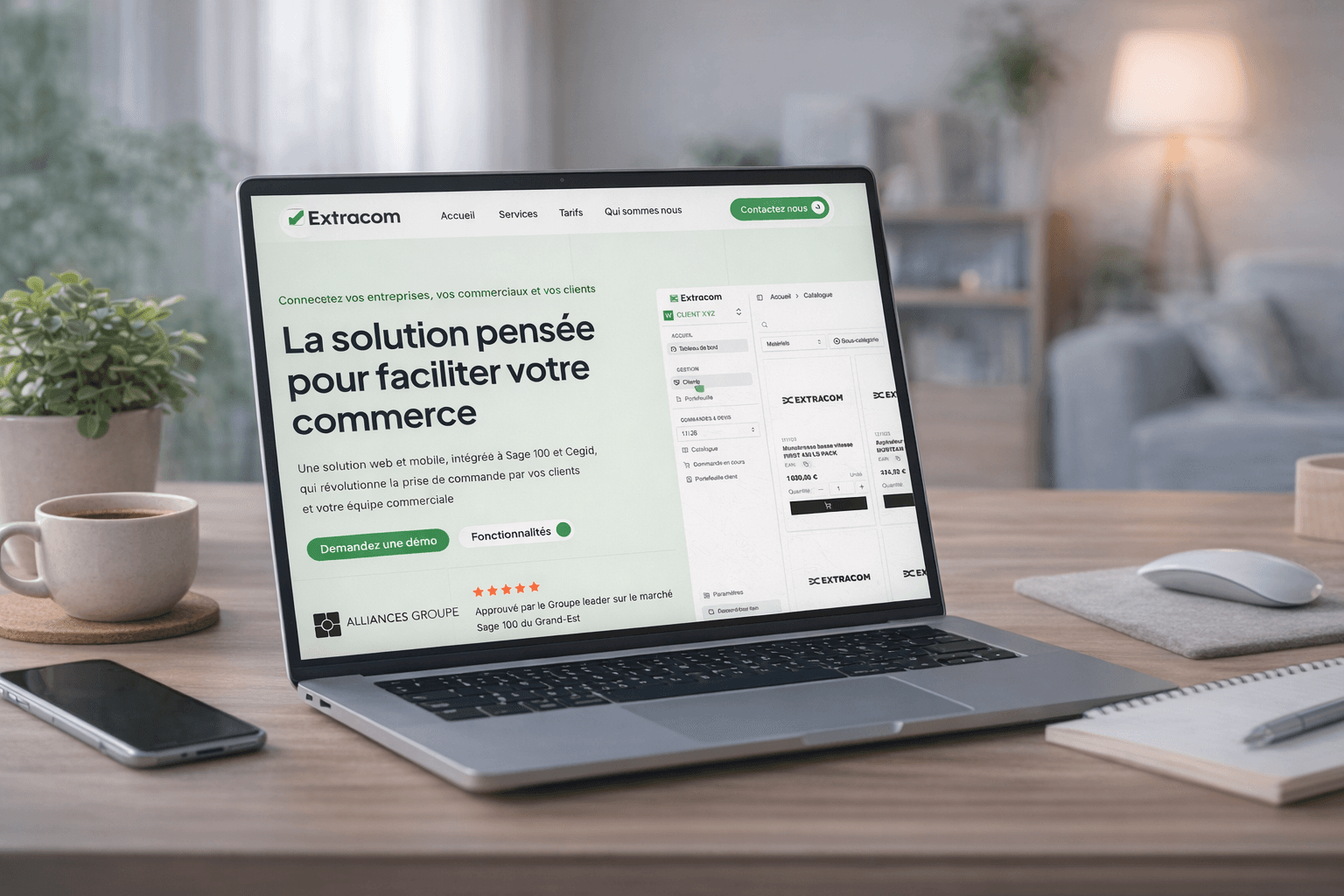 Projet Extracom — Plateforme SaaS de vente B2B — Solution SaaS complète (web + mobile) intégrée nativement à Sage 100 et Cegid, permettant aux commerciaux de gérer devis et commandes terrain et aux clients d'accéder à un espace dédié en ligne.