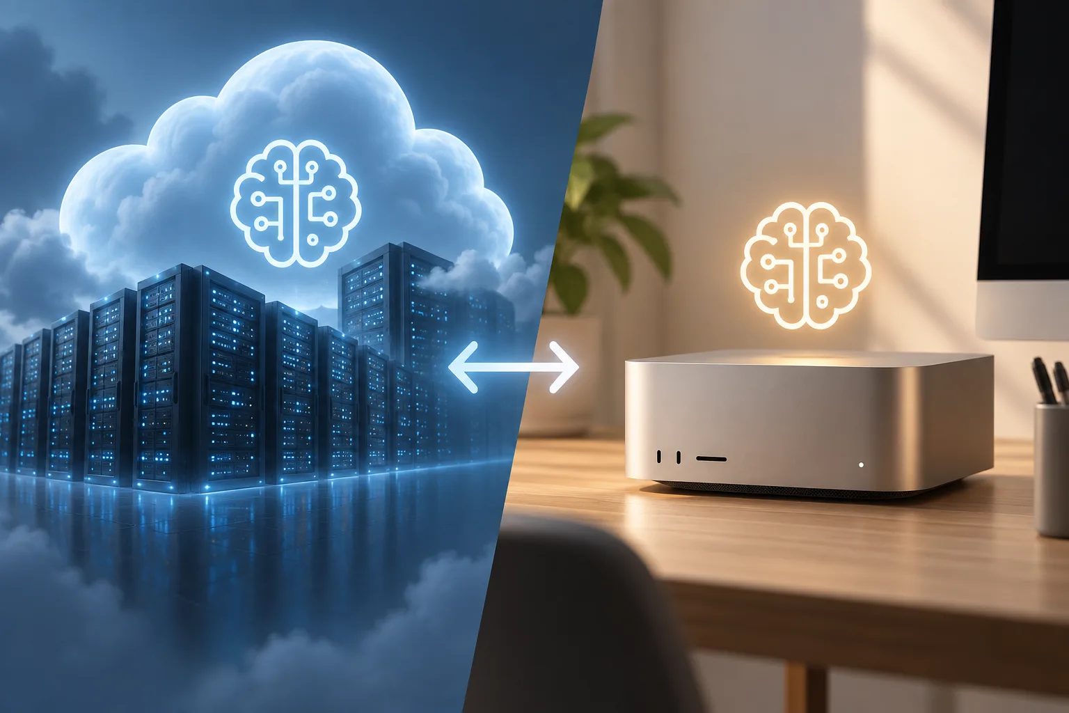 Centre de données dans les nuages face à un Mac Studio posé sur un bureau, symbolisant le choix entre IA cloud et IA locale