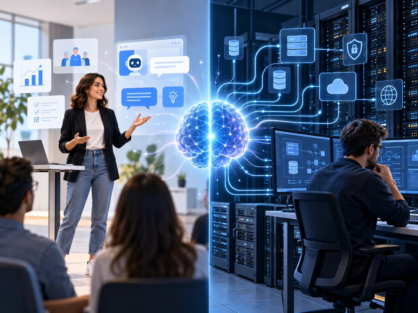 Image scindée en deux : à gauche une formatrice anime une session d'acculturation à l'IA devant des collaborateurs, à droite un ingénieur relie bases de données, serveurs et cloud dans une salle machine