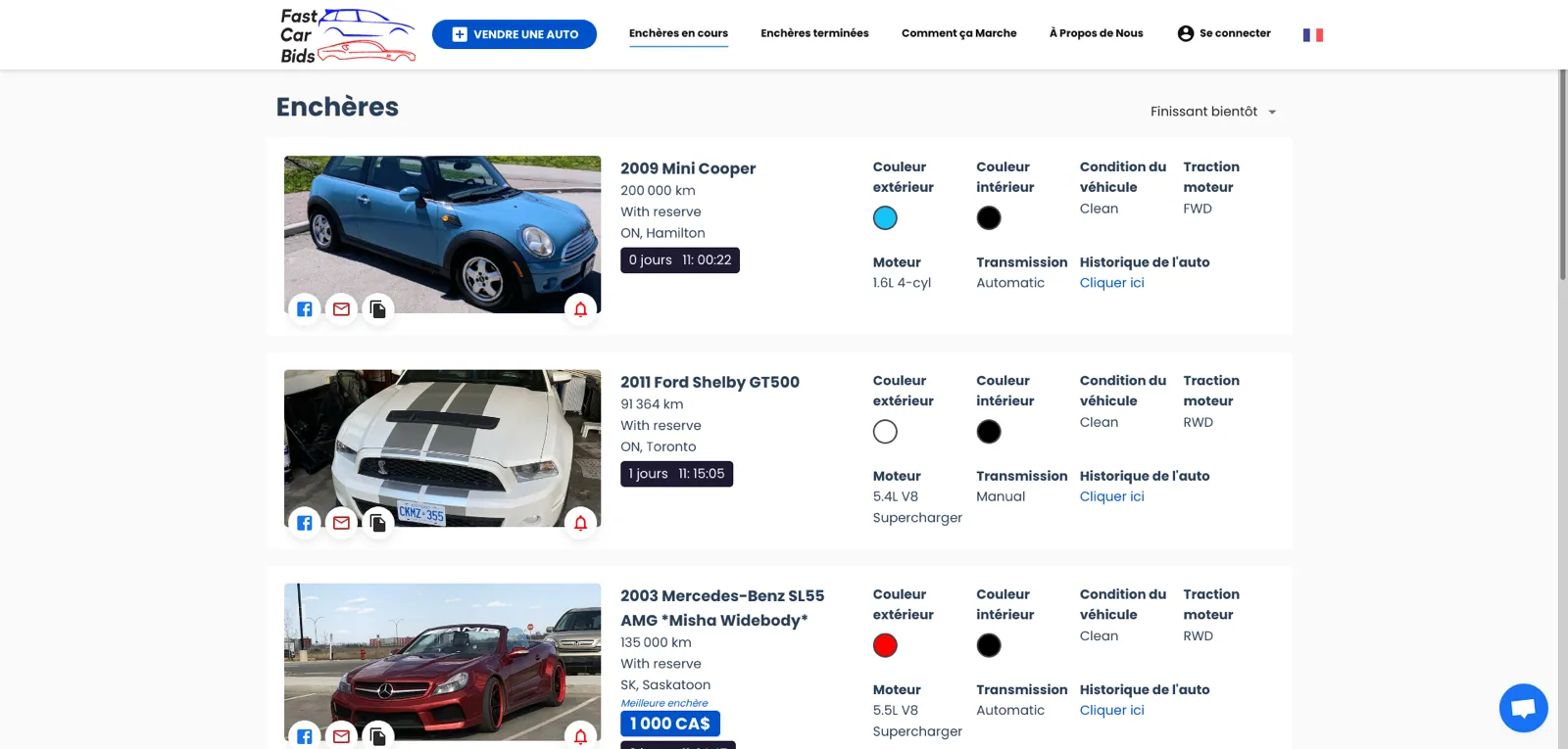 Fast Car Bids — Plateforme d'enchères automobiles — capture 1